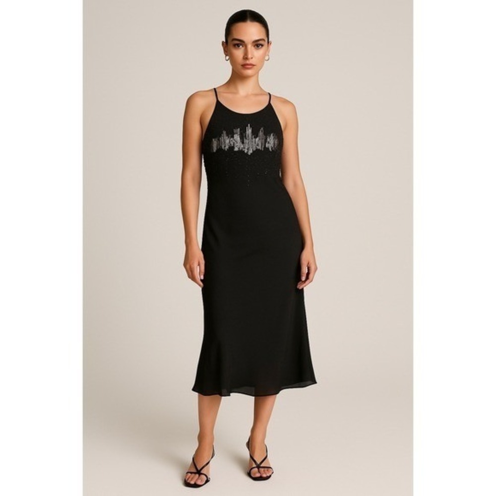 R&M Richards Black Embellished Slip Midi Dress Size 16 Vtg 90s Y2K Cocktail Chic